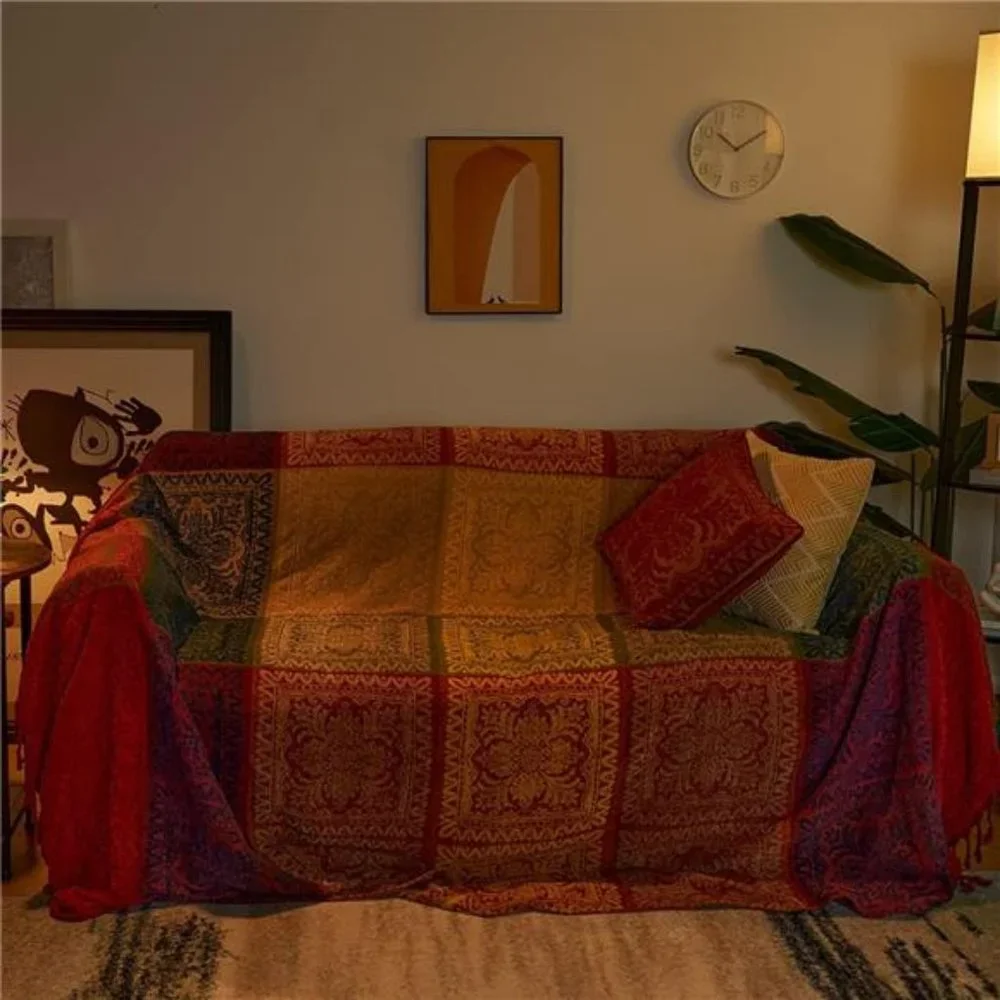 Boho Sofa Cover, Chenille Jacquard Tassels Throw Blankets for Couch bed